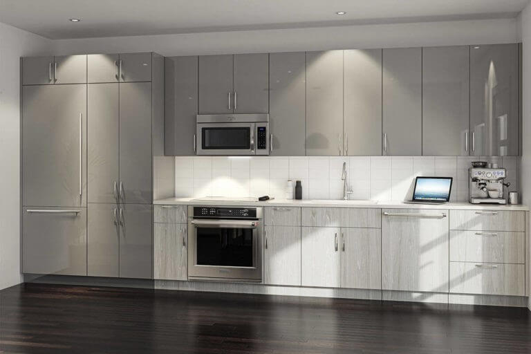 Kitchen layout with flush refrigerator option.
