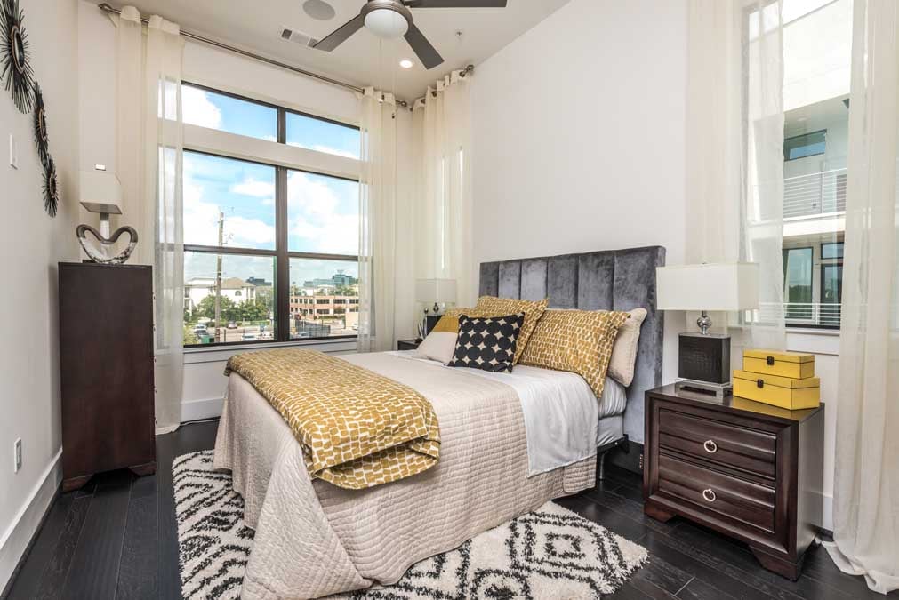 Enjoy a view of the downtown skyline from the master bedroom. 